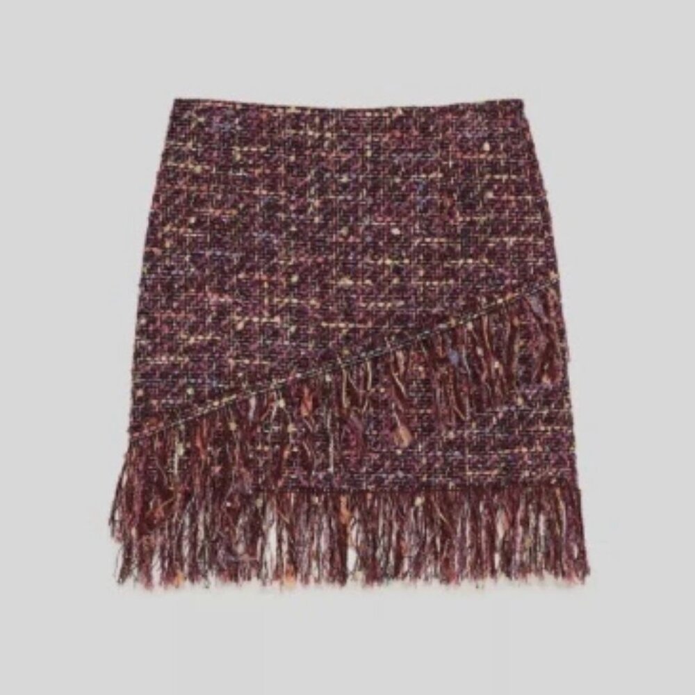 Zara Burgundy Tweed Mini Skirt with Fringe